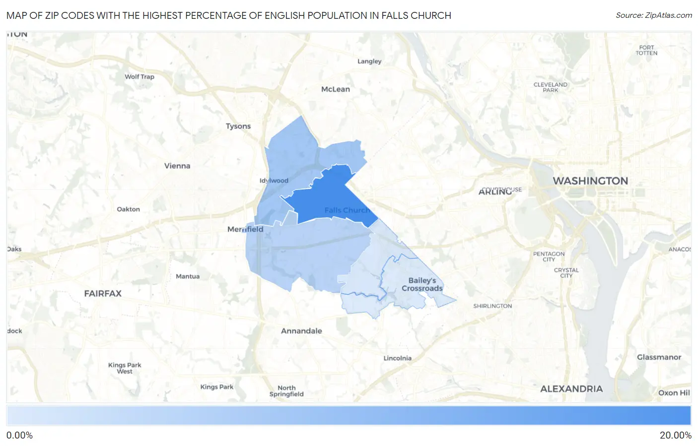 Zip Codes with the Highest Percentage of English Population in Falls Church Map
