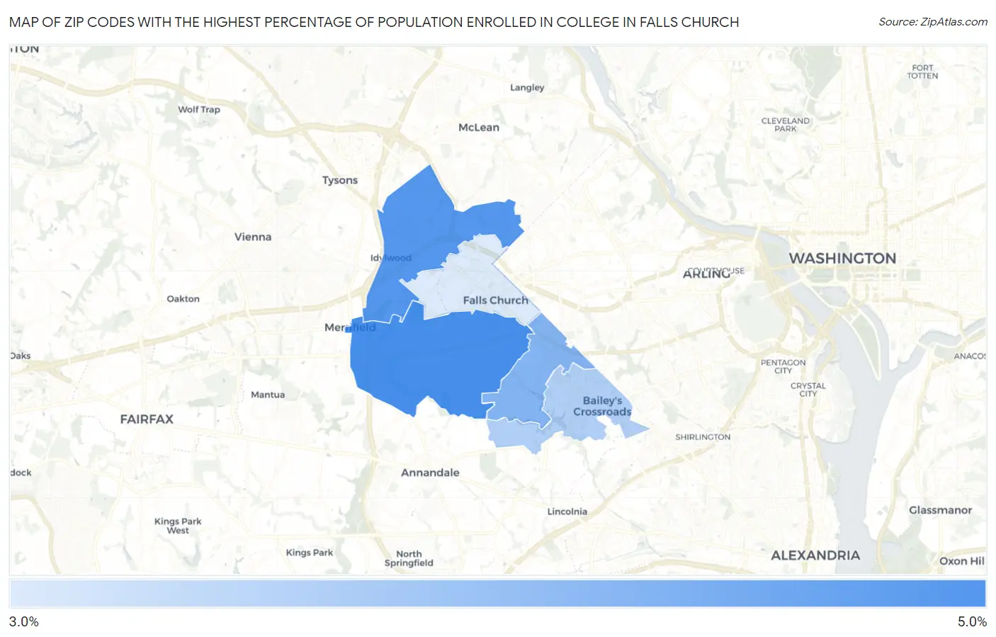 Zip Codes with the Highest Percentage of Population Enrolled in College in Falls Church Map