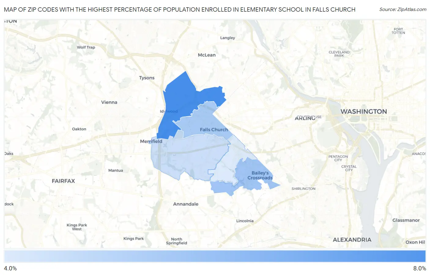 Zip Codes with the Highest Percentage of Population Enrolled in Elementary School in Falls Church Map