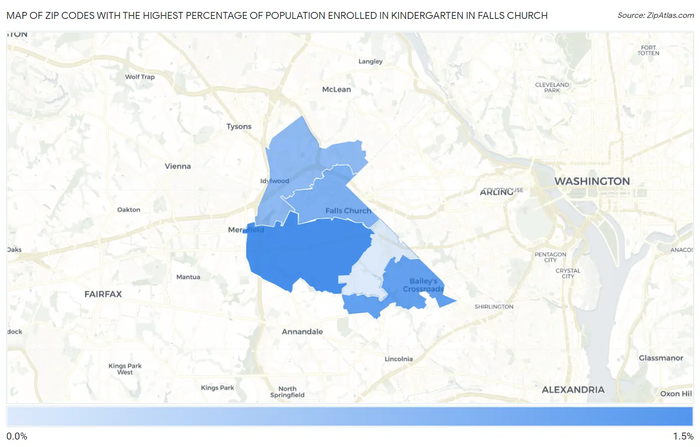 Zip Codes with the Highest Percentage of Population Enrolled in Kindergarten in Falls Church Map