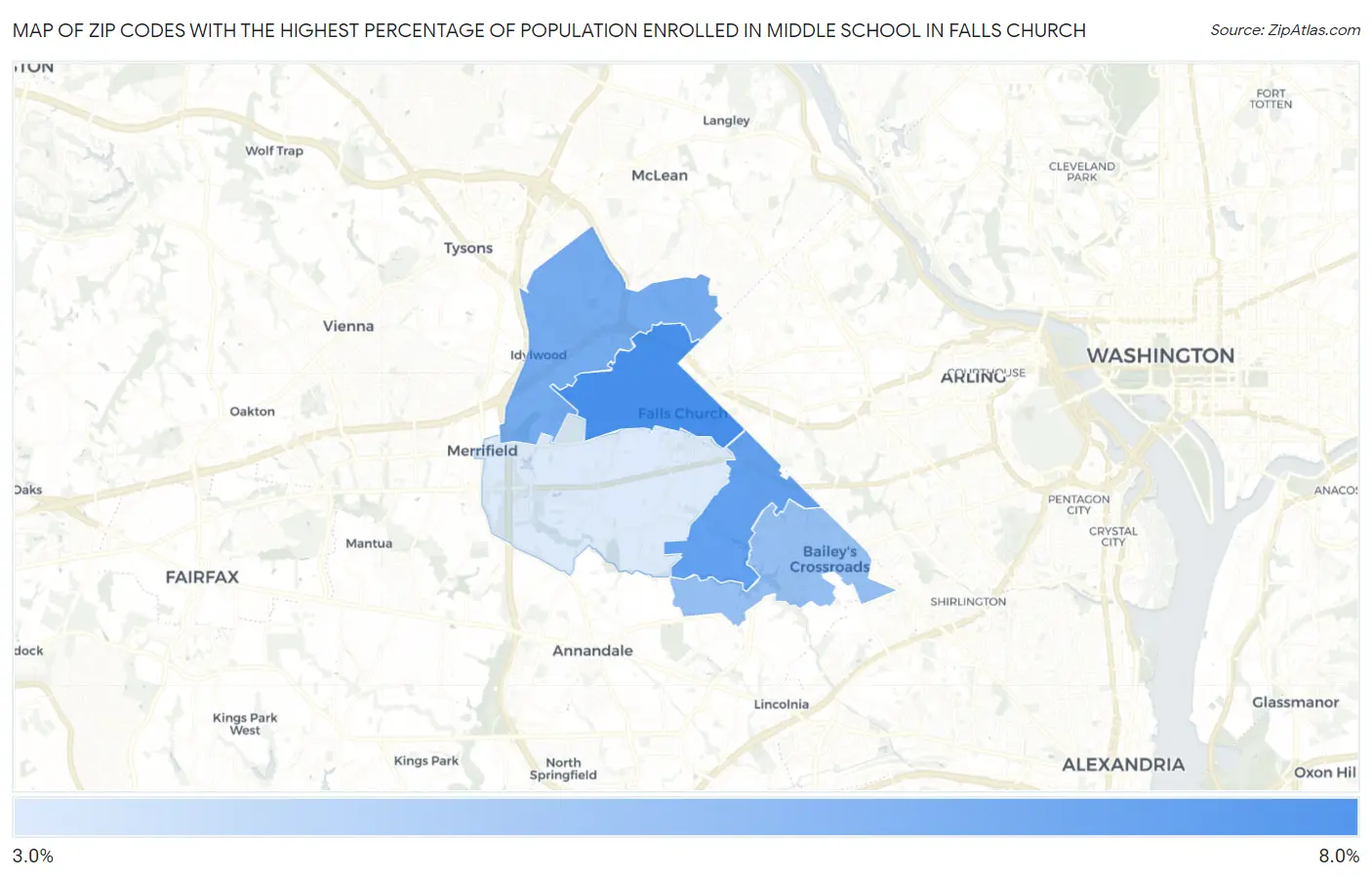 Zip Codes with the Highest Percentage of Population Enrolled in Middle School in Falls Church Map