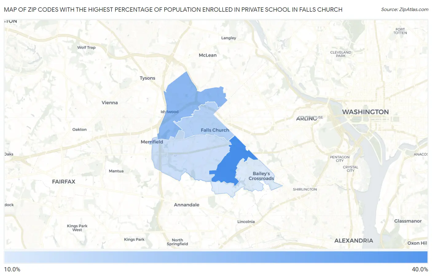 Zip Codes with the Highest Percentage of Population Enrolled in Private School in Falls Church Map
