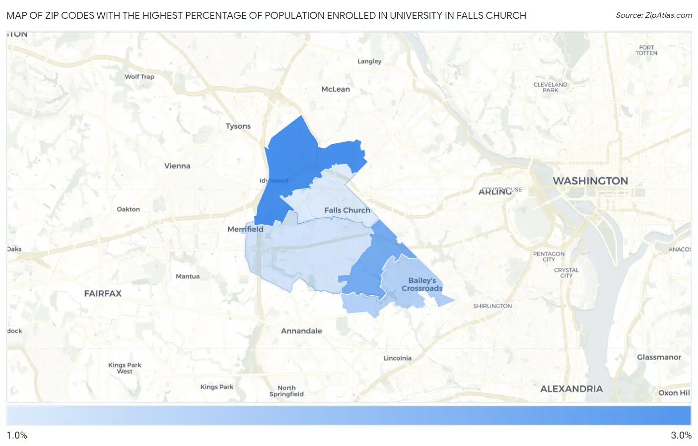 Zip Codes with the Highest Percentage of Population Enrolled in University in Falls Church Map