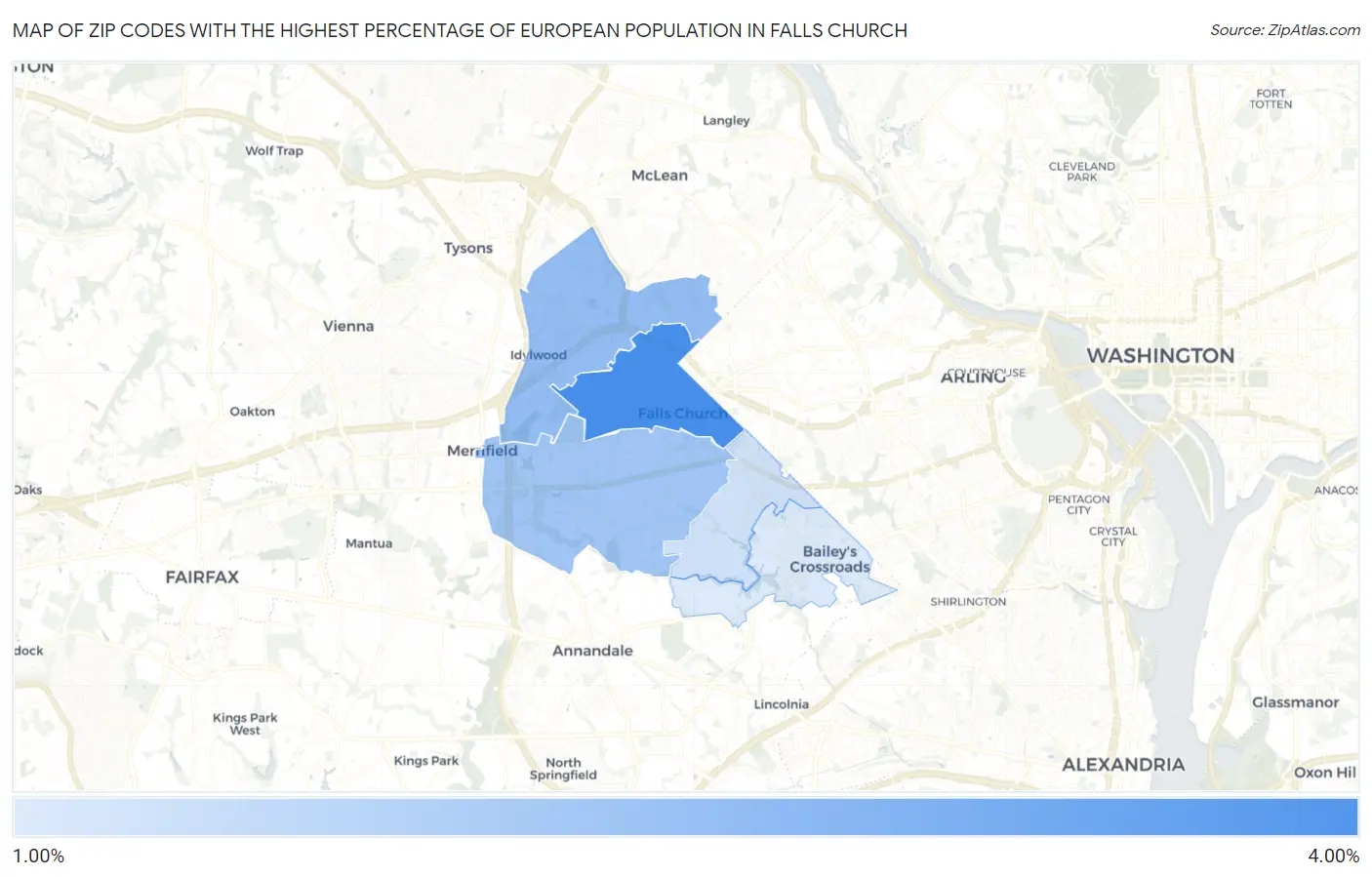 Zip Codes with the Highest Percentage of European Population in Falls Church Map