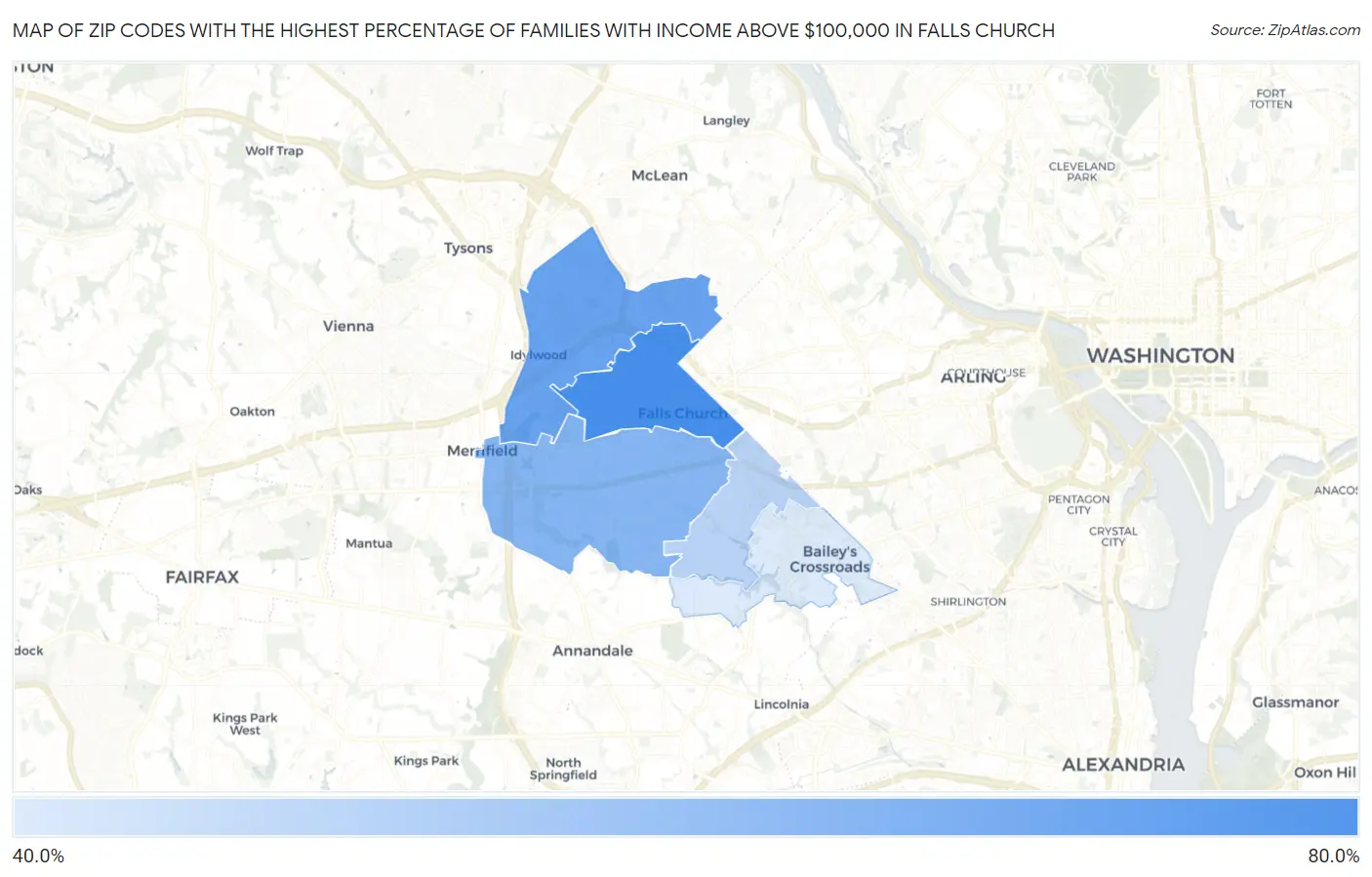 Zip Codes with the Highest Percentage of Families with Income Above $100,000 in Falls Church Map