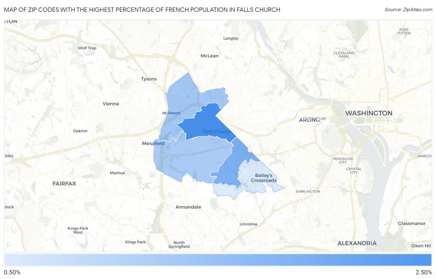 Zip Codes with the Highest Percentage of French Population in Falls Church Map