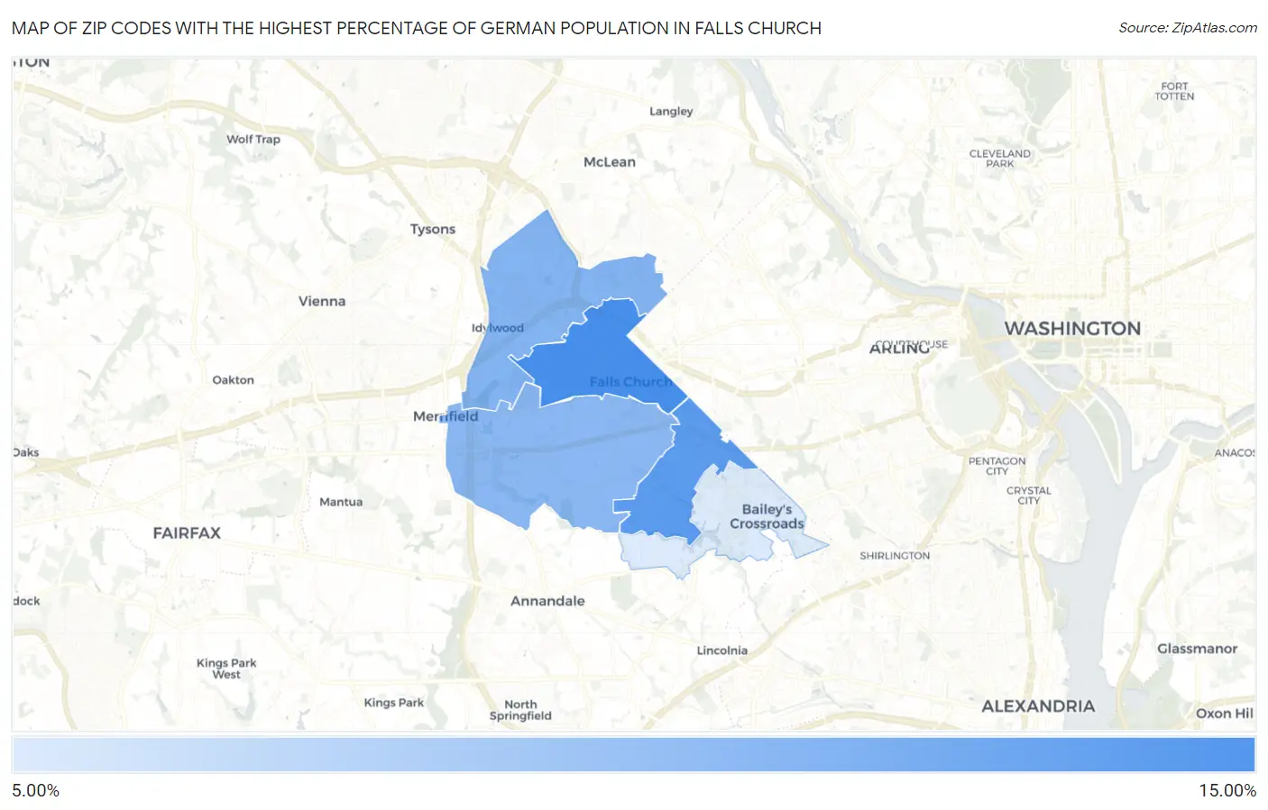Zip Codes with the Highest Percentage of German Population in Falls Church Map
