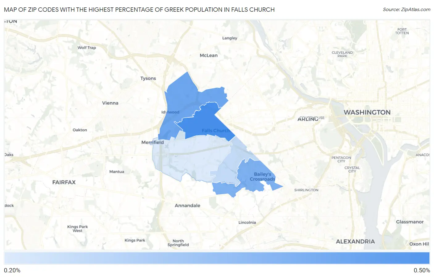 Zip Codes with the Highest Percentage of Greek Population in Falls Church Map