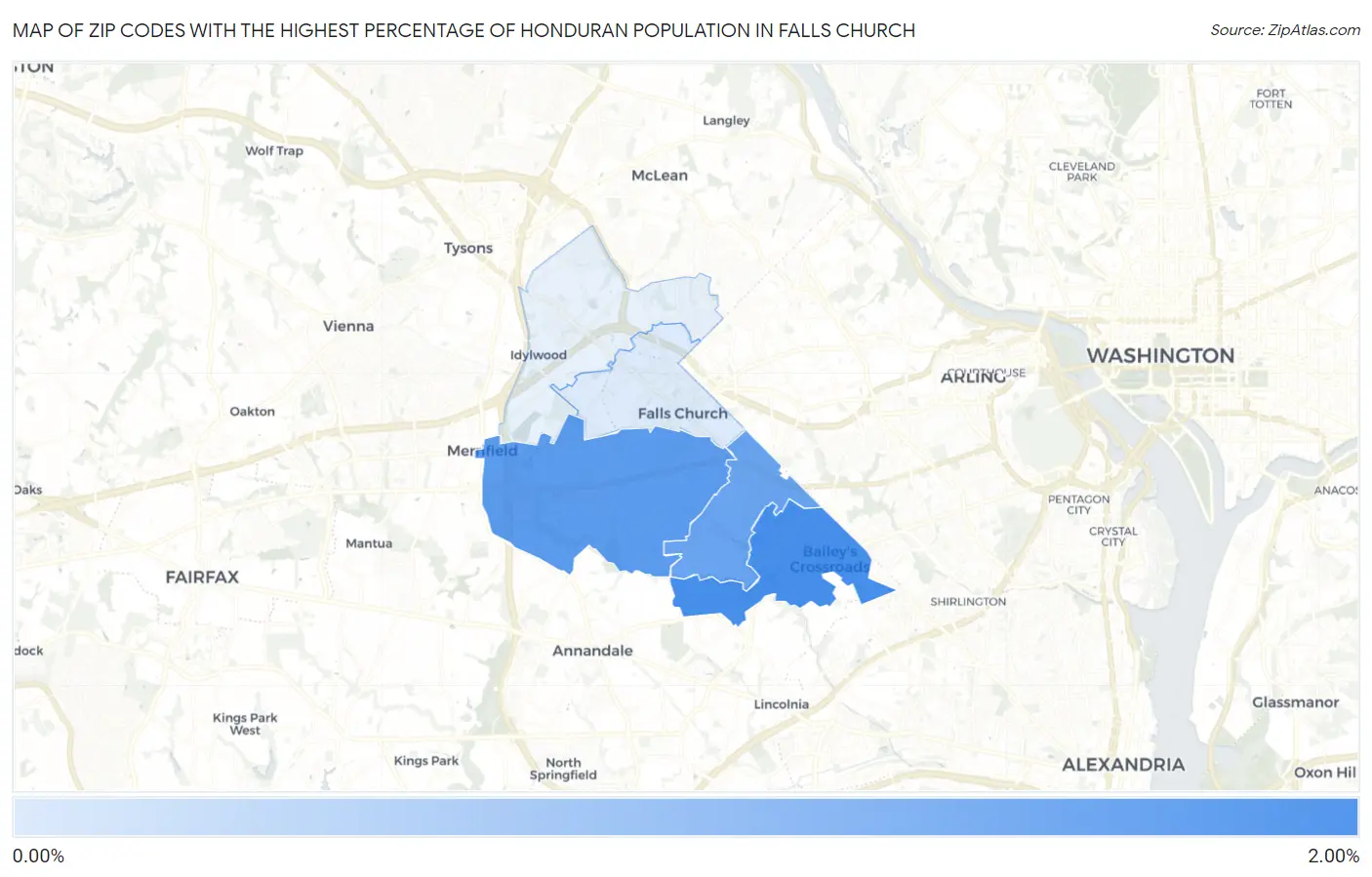 Zip Codes with the Highest Percentage of Honduran Population in Falls Church Map