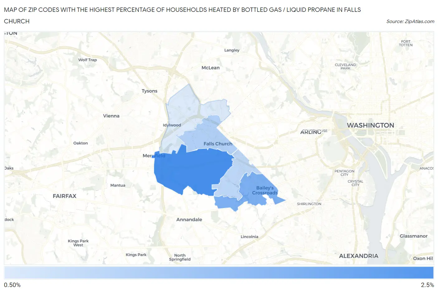 Zip Codes with the Highest Percentage of Households Heated by Bottled Gas / Liquid Propane in Falls Church Map