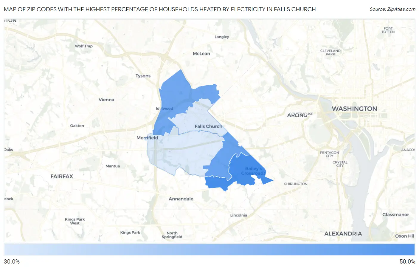 Zip Codes with the Highest Percentage of Households Heated by Electricity in Falls Church Map
