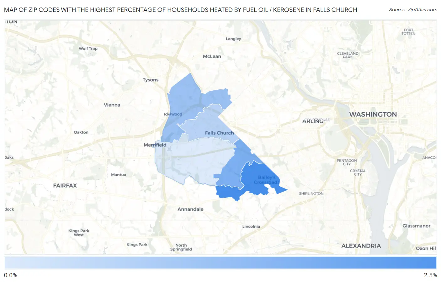 Zip Codes with the Highest Percentage of Households Heated by Fuel Oil / Kerosene in Falls Church Map