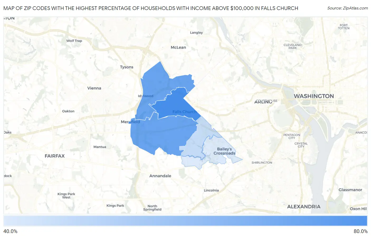 Zip Codes with the Highest Percentage of Households with Income Above $100,000 in Falls Church Map
