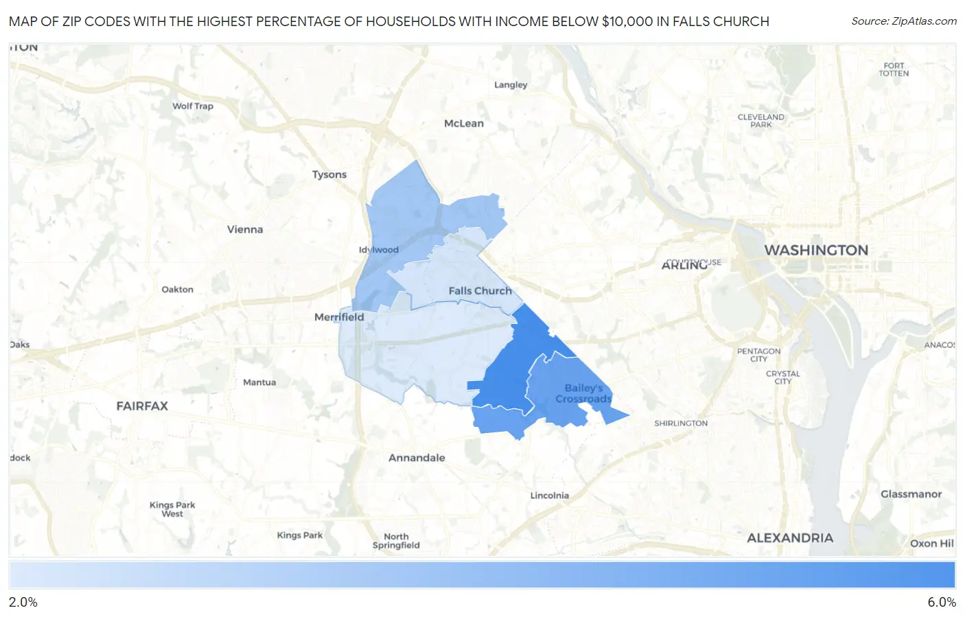 Zip Codes with the Highest Percentage of Households with Income Below $10,000 in Falls Church Map