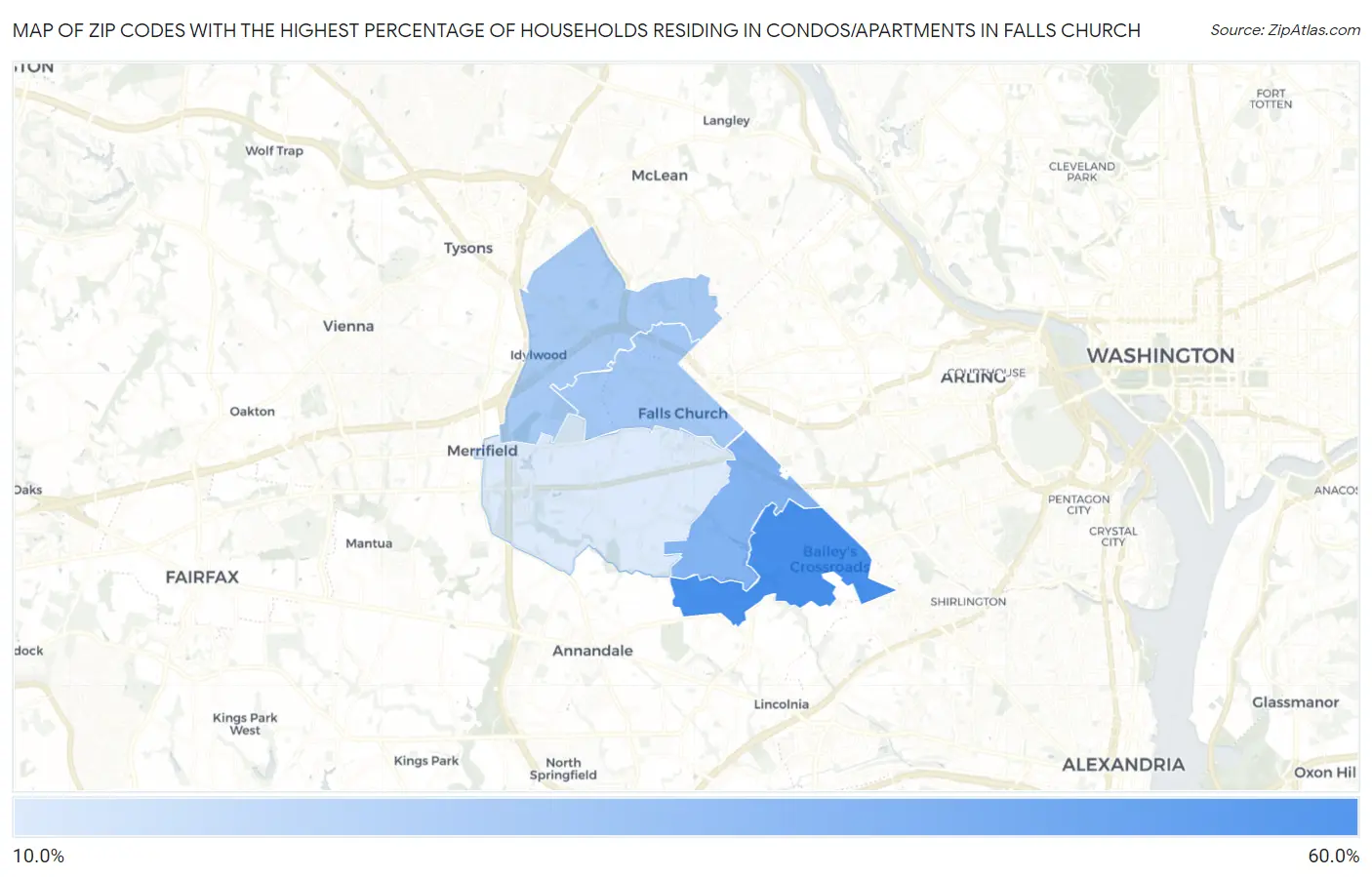Zip Codes with the Highest Percentage of Households Residing in Condos/Apartments in Falls Church Map