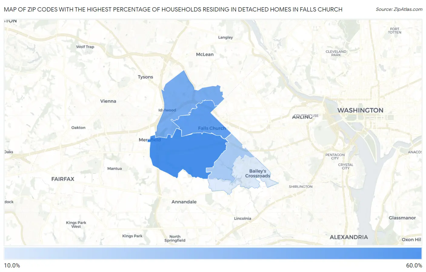Zip Codes with the Highest Percentage of Households Residing in Detached Homes in Falls Church Map