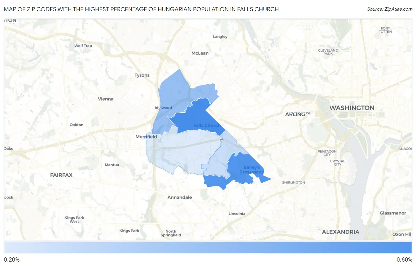Zip Codes with the Highest Percentage of Hungarian Population in Falls Church Map