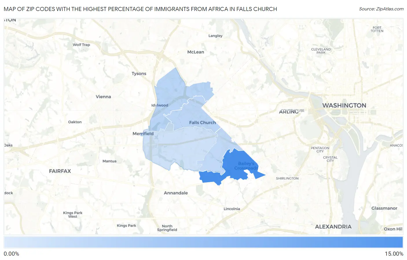 Zip Codes with the Highest Percentage of Immigrants from Africa in Falls Church Map