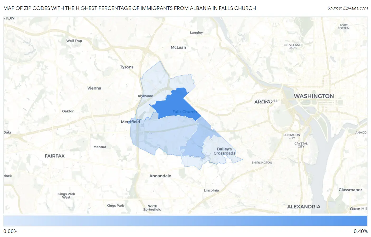 Zip Codes with the Highest Percentage of Immigrants from Albania in Falls Church Map