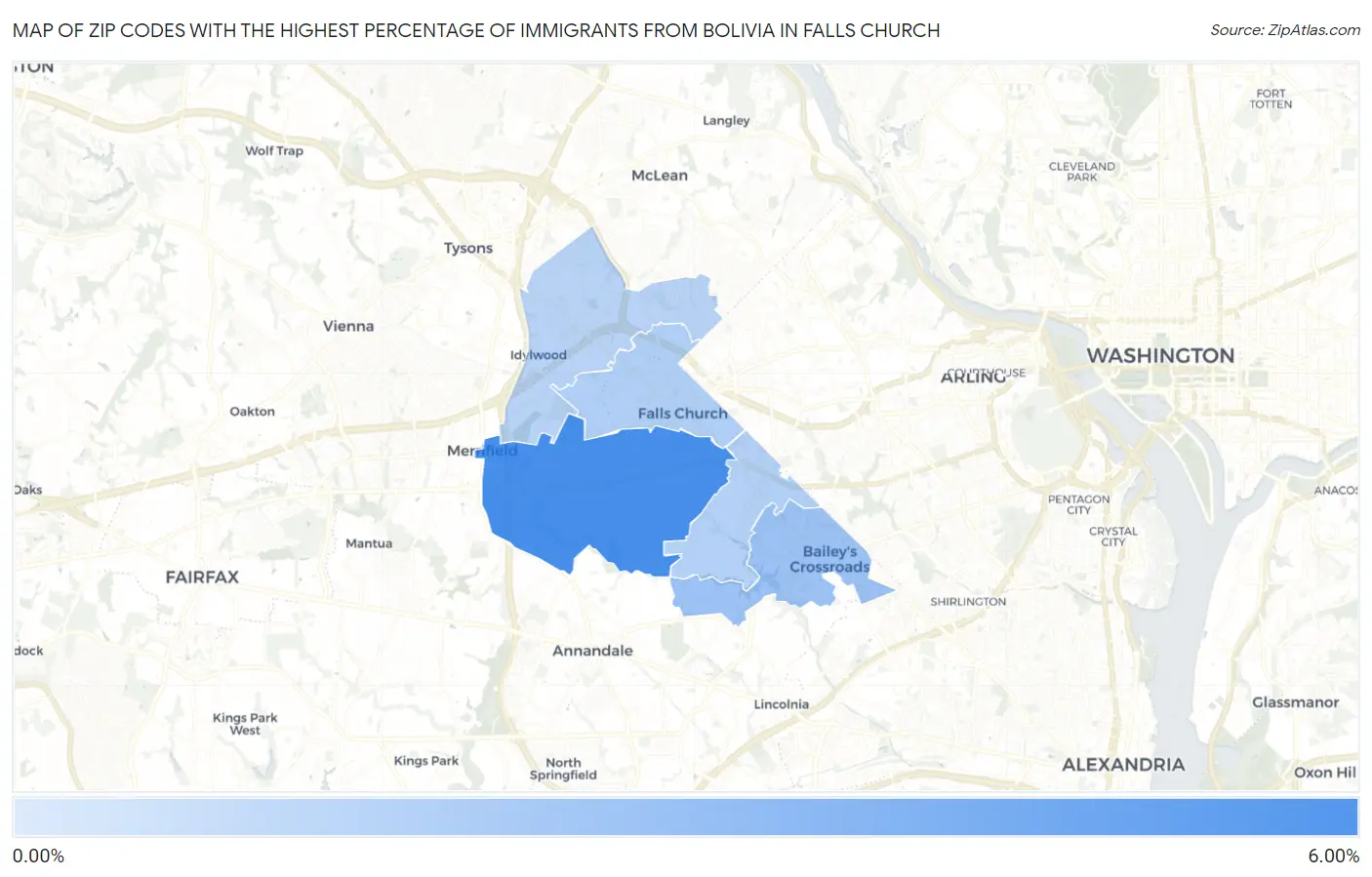 Zip Codes with the Highest Percentage of Immigrants from Bolivia in Falls Church Map