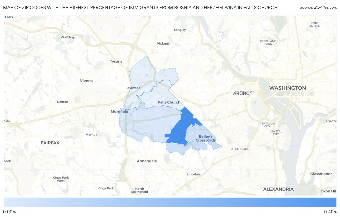 Zip Codes with the Highest Percentage of Immigrants from Bosnia and Herzegovina in Falls Church Map