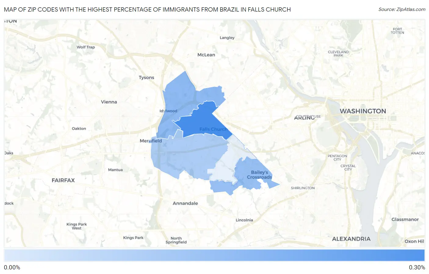 Zip Codes with the Highest Percentage of Immigrants from Brazil in Falls Church Map