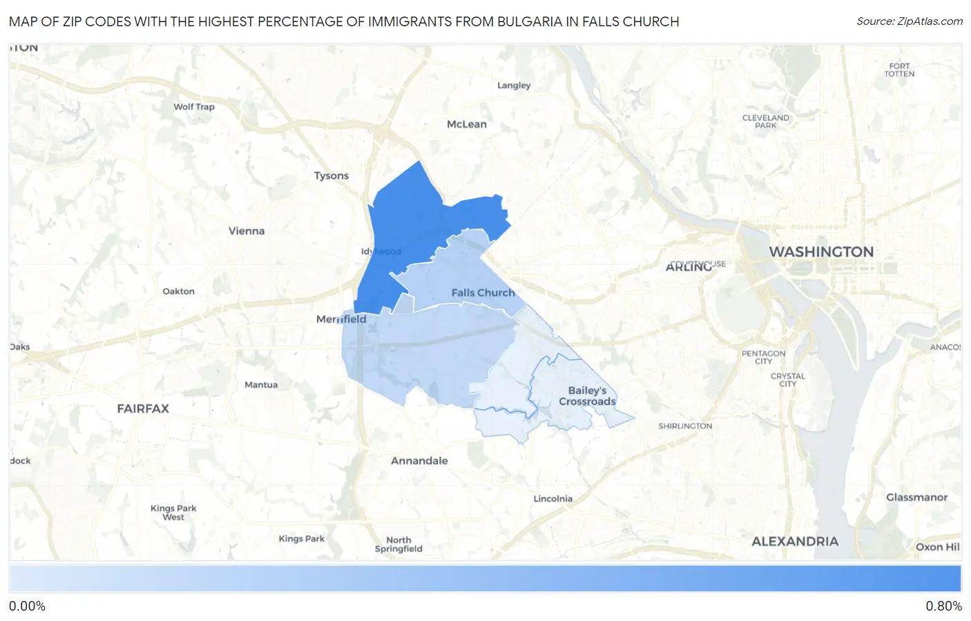 Zip Codes with the Highest Percentage of Immigrants from Bulgaria in Falls Church Map