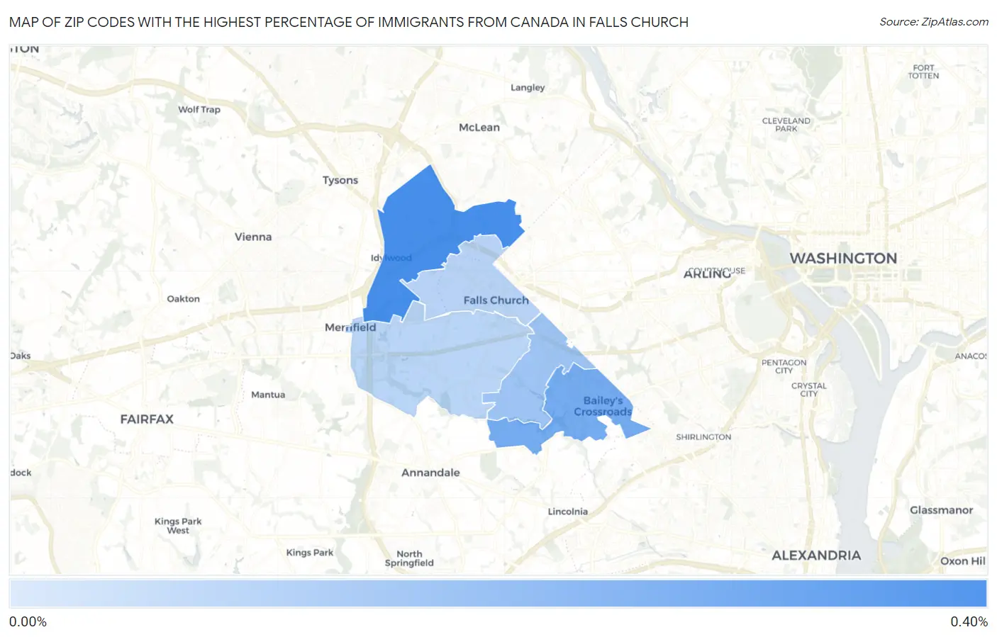 Zip Codes with the Highest Percentage of Immigrants from Canada in Falls Church Map