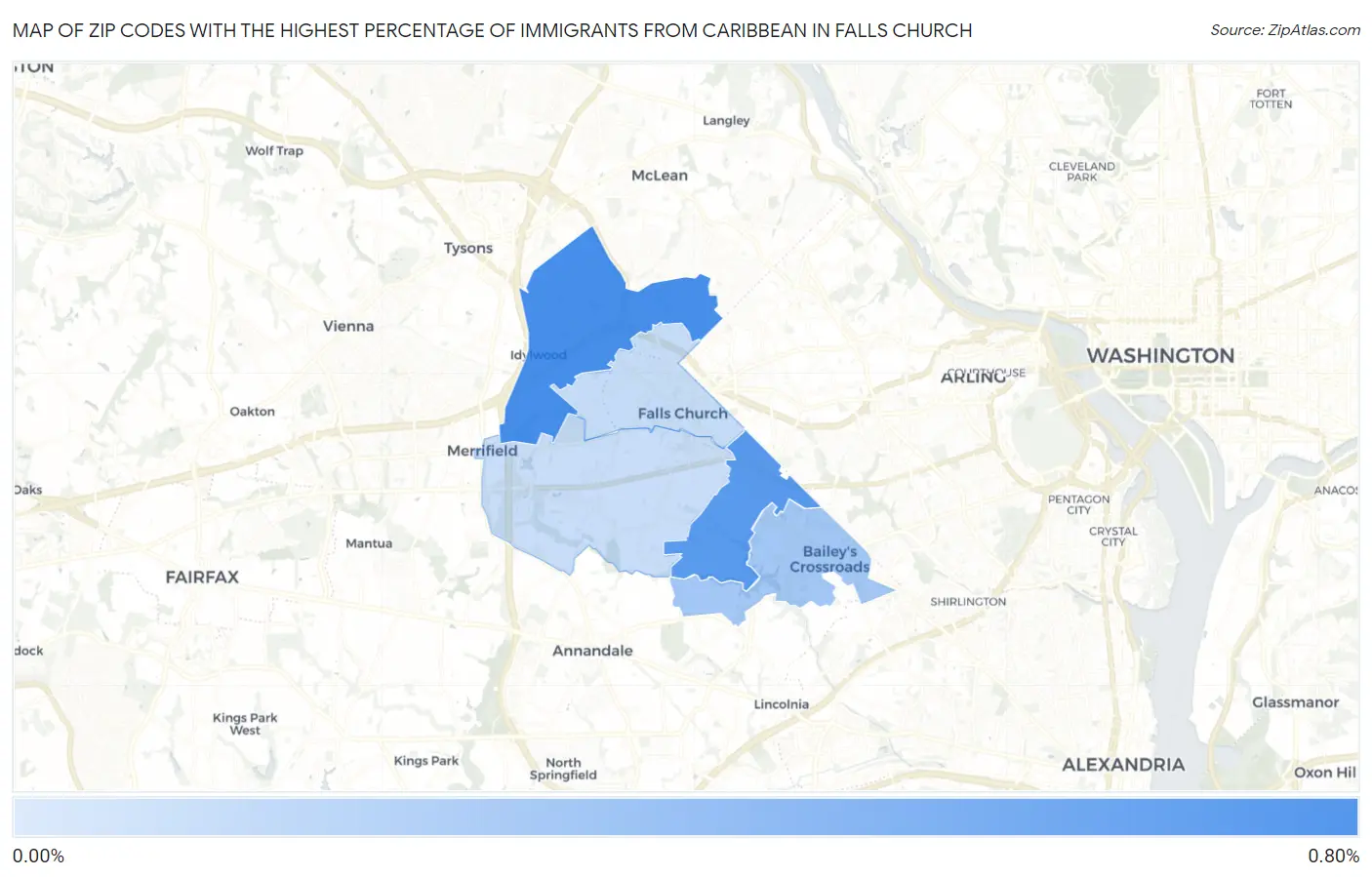 Zip Codes with the Highest Percentage of Immigrants from Caribbean in Falls Church Map