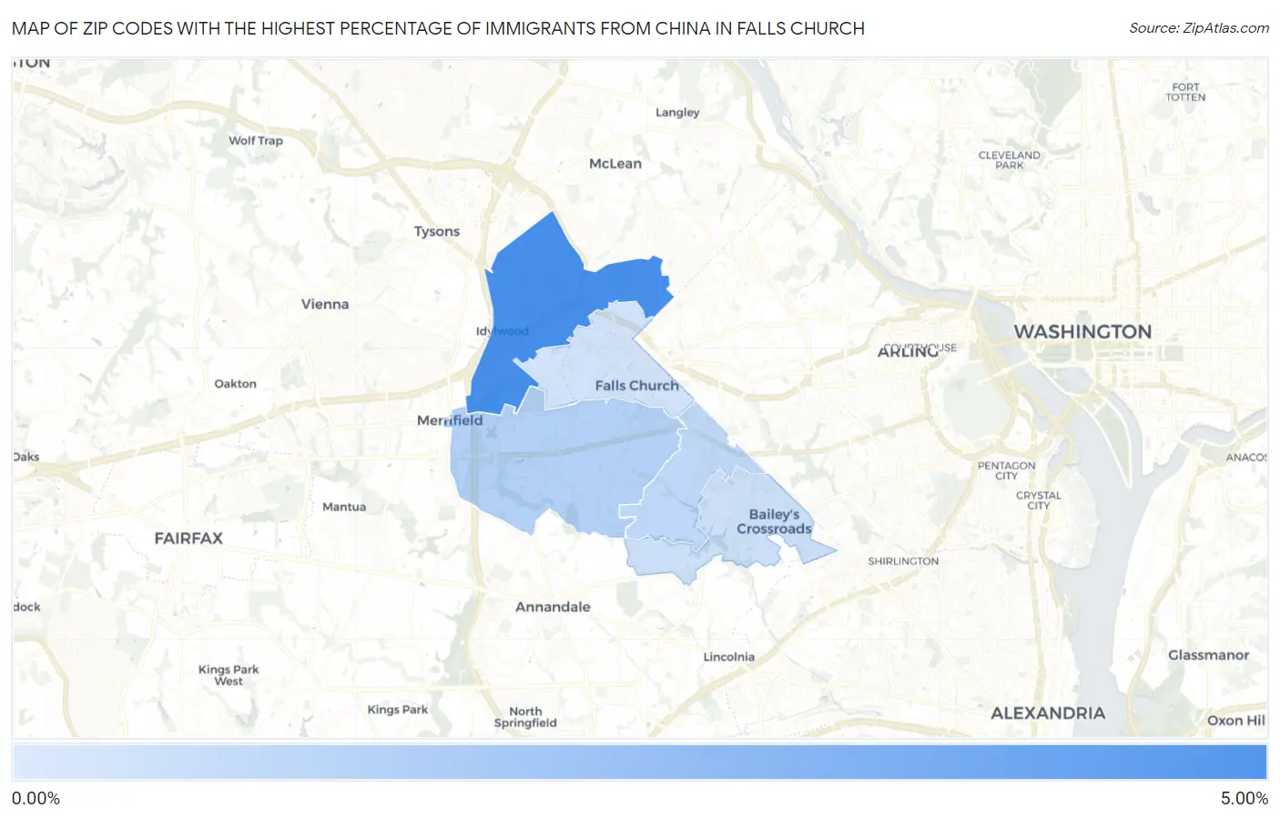 Zip Codes with the Highest Percentage of Immigrants from China in Falls Church Map