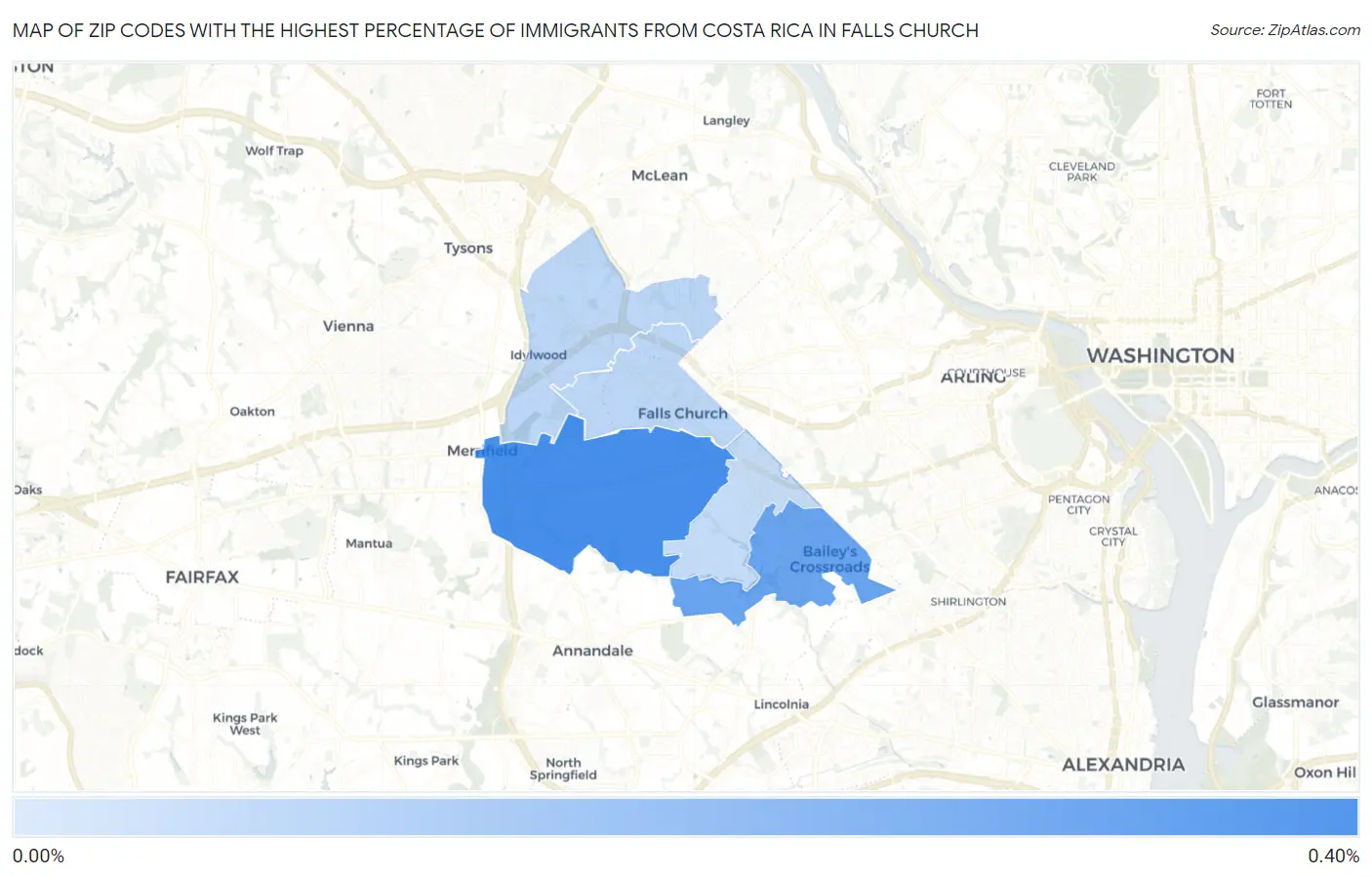 Zip Codes with the Highest Percentage of Immigrants from Costa Rica in Falls Church Map