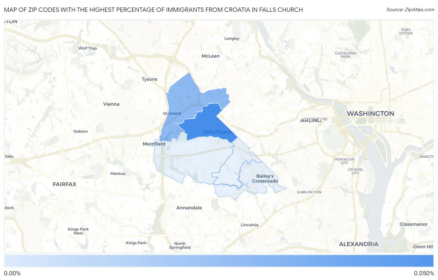 Zip Codes with the Highest Percentage of Immigrants from Croatia in Falls Church Map