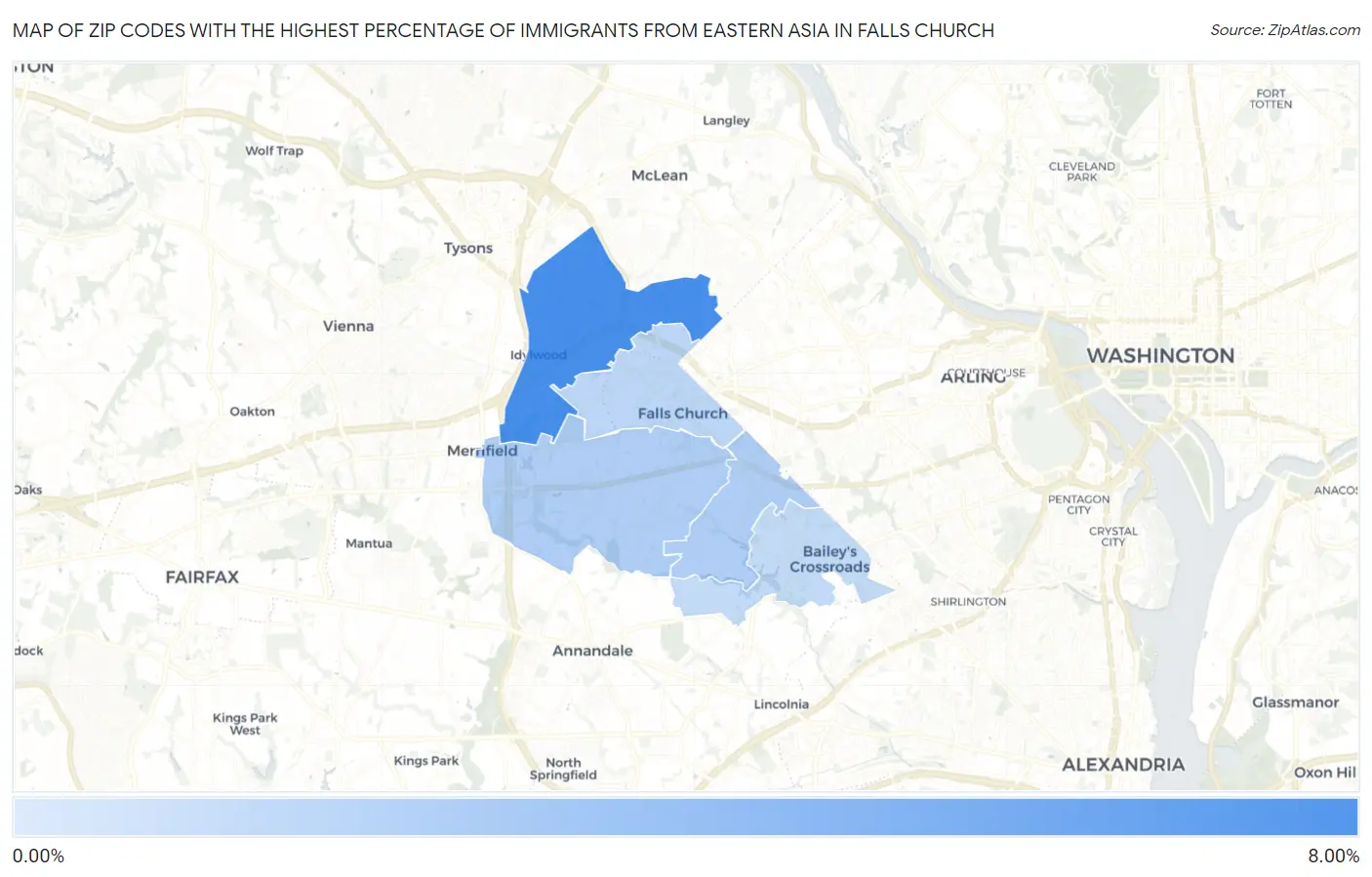 Zip Codes with the Highest Percentage of Immigrants from Eastern Asia in Falls Church Map