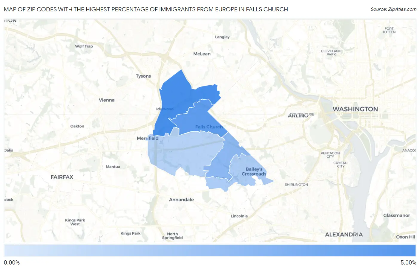Zip Codes with the Highest Percentage of Immigrants from Europe in Falls Church Map