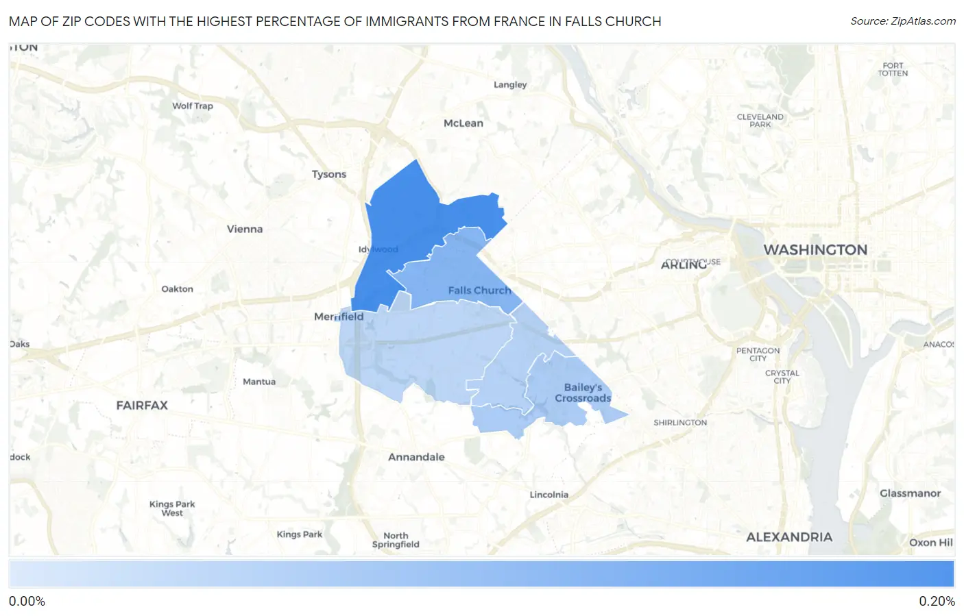 Zip Codes with the Highest Percentage of Immigrants from France in Falls Church Map