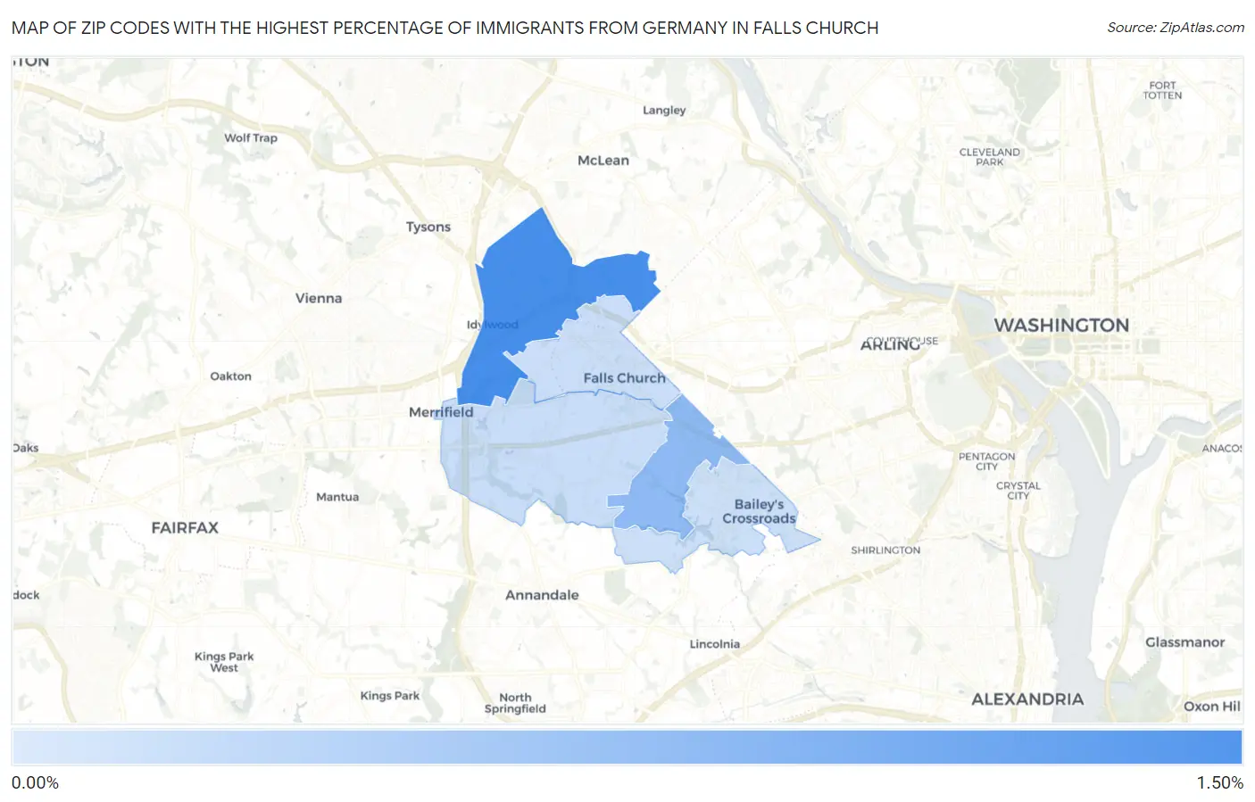 Zip Codes with the Highest Percentage of Immigrants from Germany in Falls Church Map