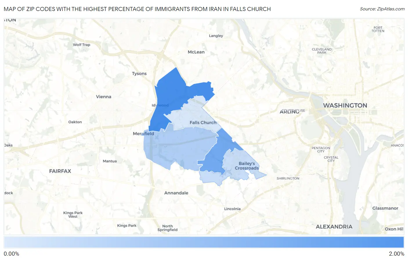 Zip Codes with the Highest Percentage of Immigrants from Iran in Falls Church Map