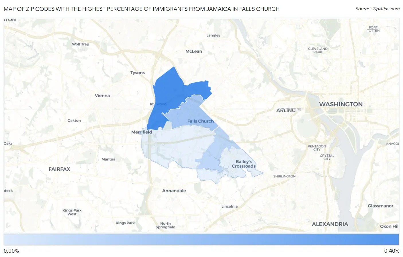 Zip Codes with the Highest Percentage of Immigrants from Jamaica in Falls Church Map