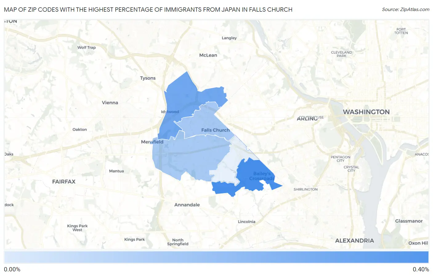 Zip Codes with the Highest Percentage of Immigrants from Japan in Falls Church Map