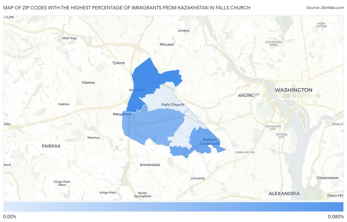 Zip Codes with the Highest Percentage of Immigrants from Kazakhstan in Falls Church Map