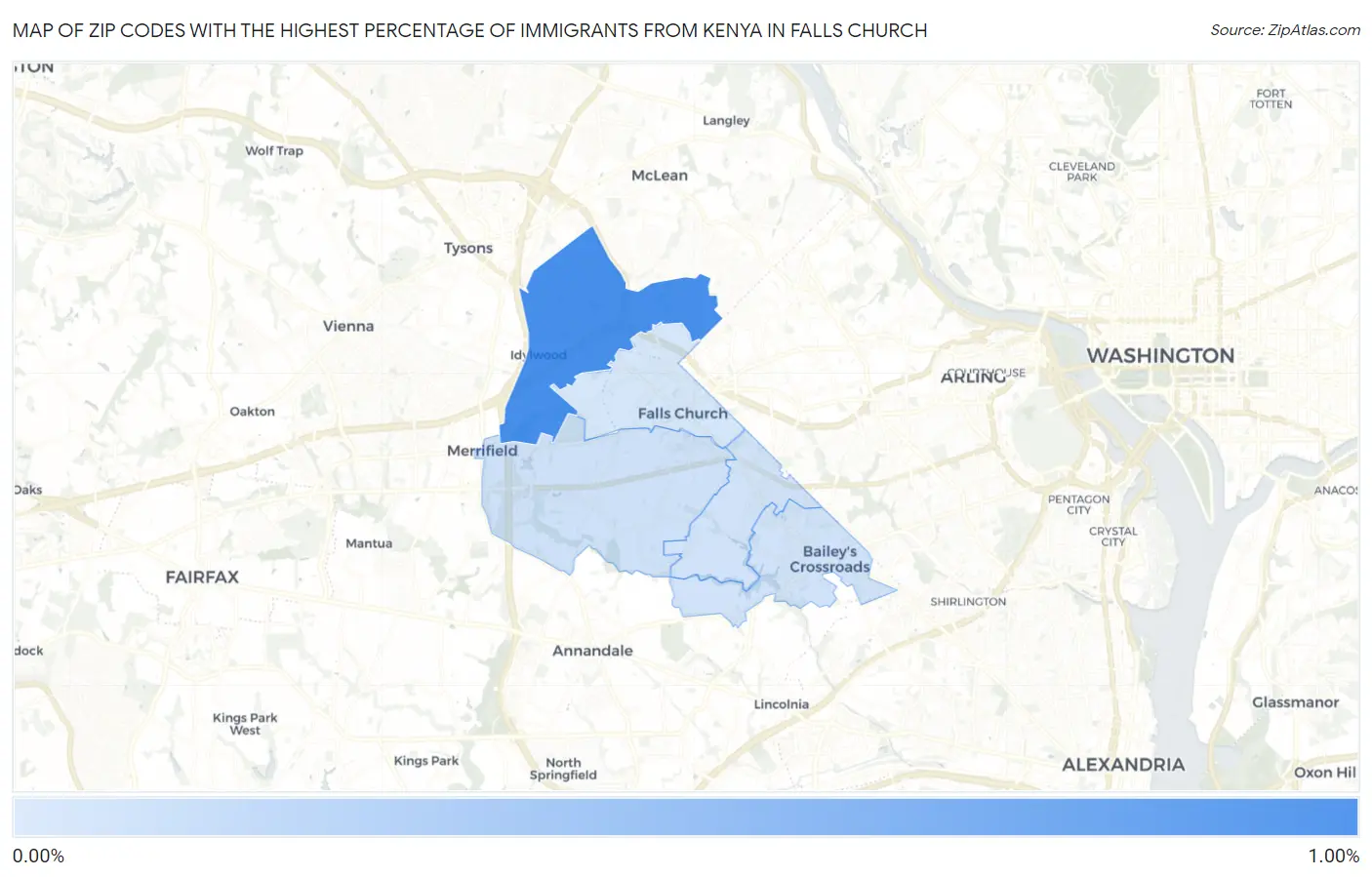Zip Codes with the Highest Percentage of Immigrants from Kenya in Falls Church Map