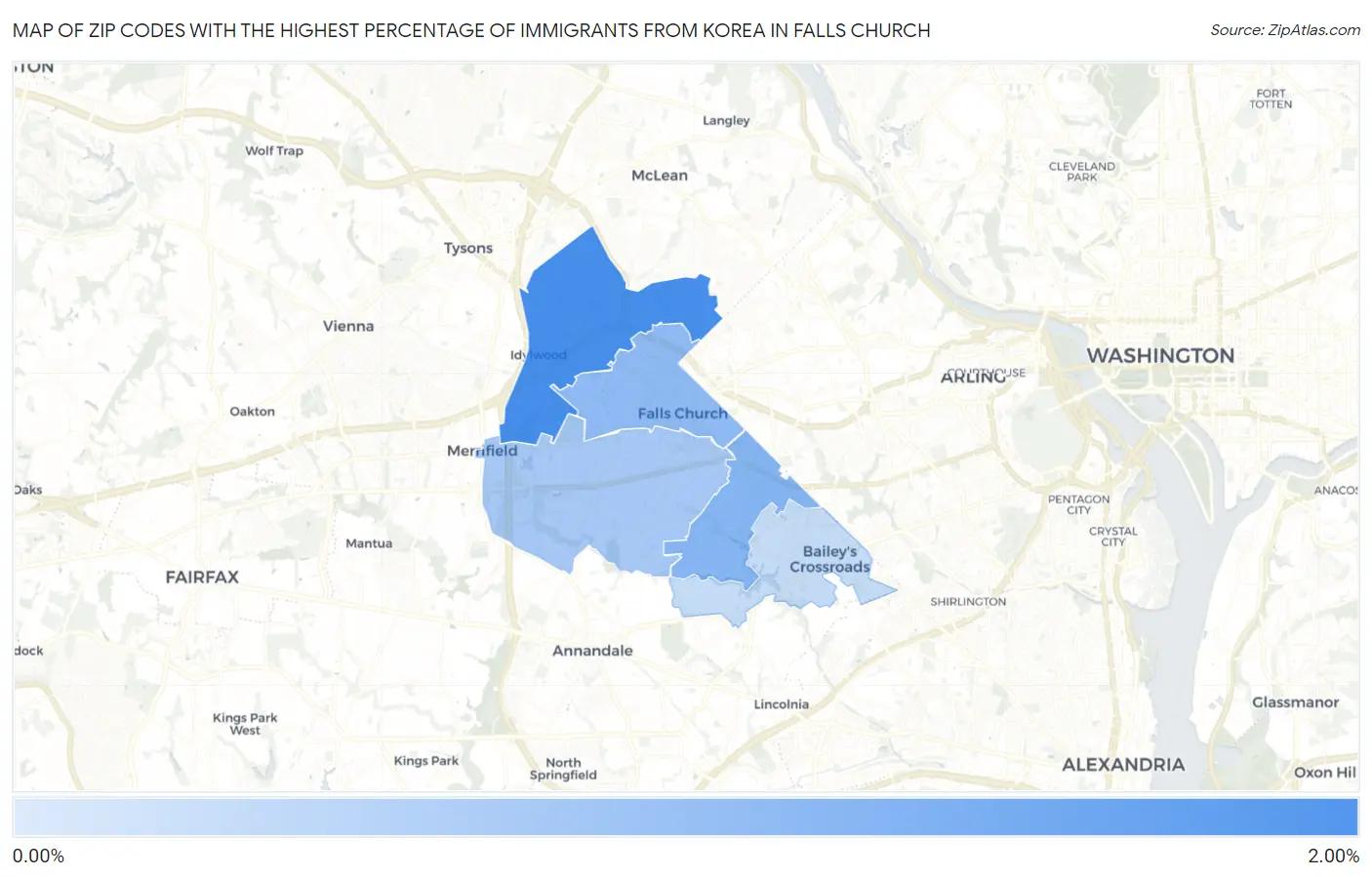 Zip Codes with the Highest Percentage of Immigrants from Korea in Falls Church Map