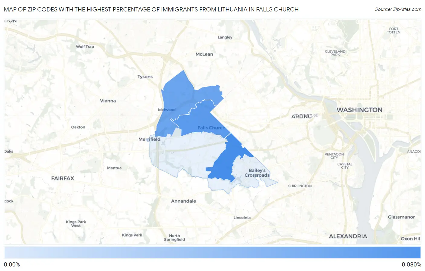 Zip Codes with the Highest Percentage of Immigrants from Lithuania in Falls Church Map