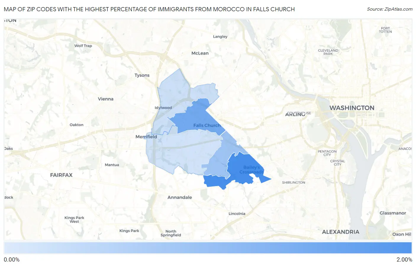Zip Codes with the Highest Percentage of Immigrants from Morocco in Falls Church Map