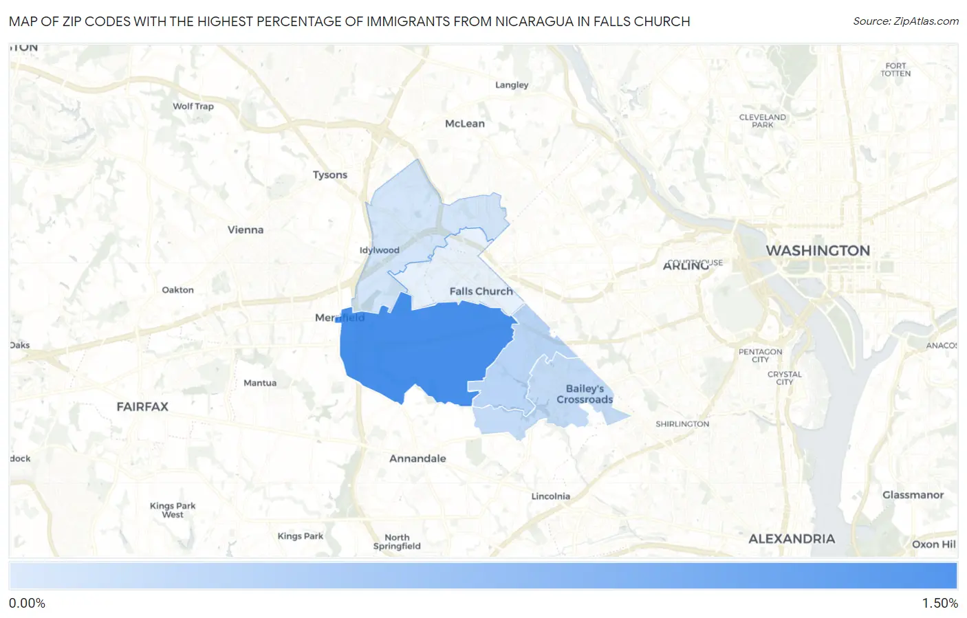 Zip Codes with the Highest Percentage of Immigrants from Nicaragua in Falls Church Map