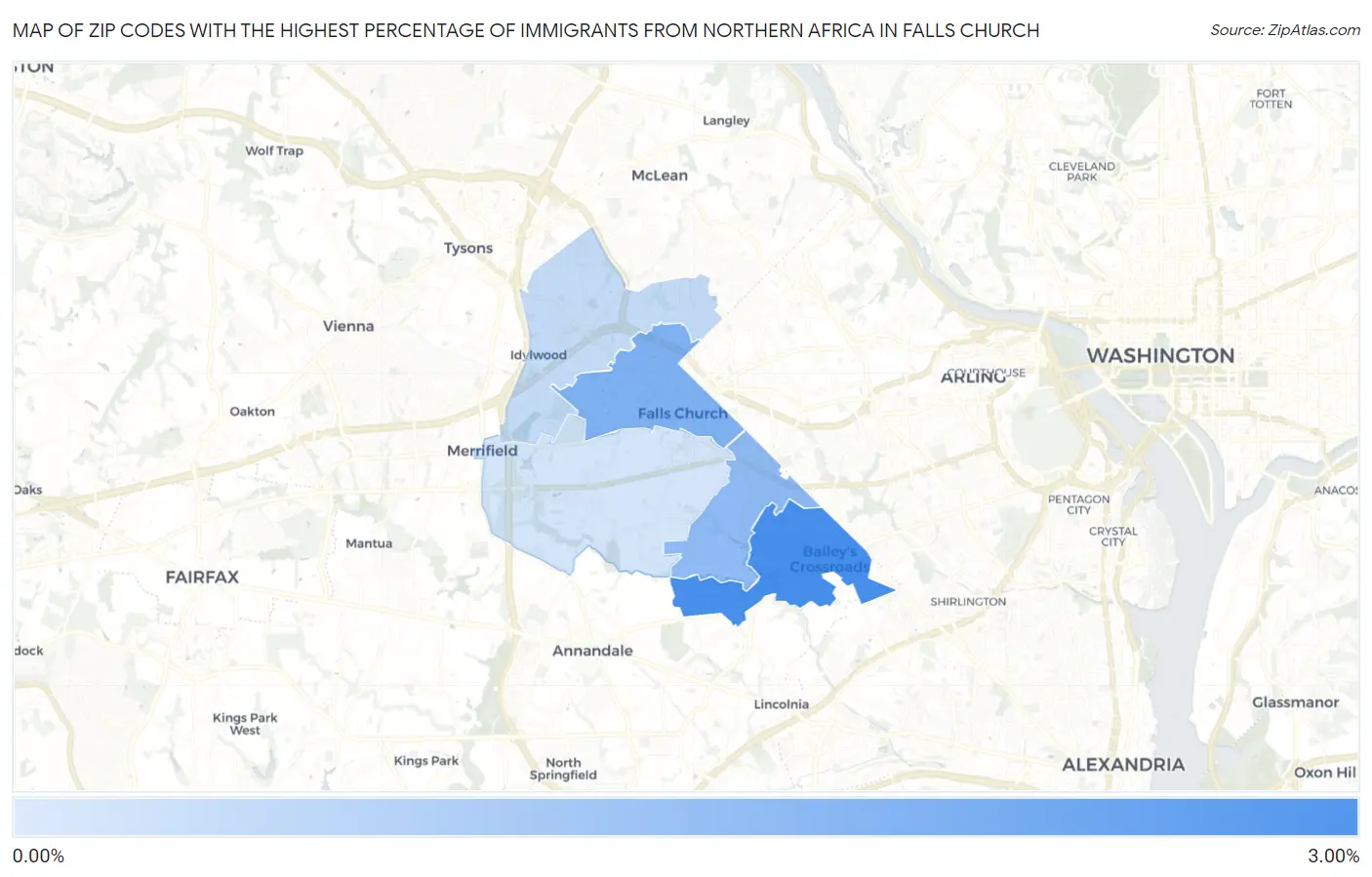 Zip Codes with the Highest Percentage of Immigrants from Northern Africa in Falls Church Map