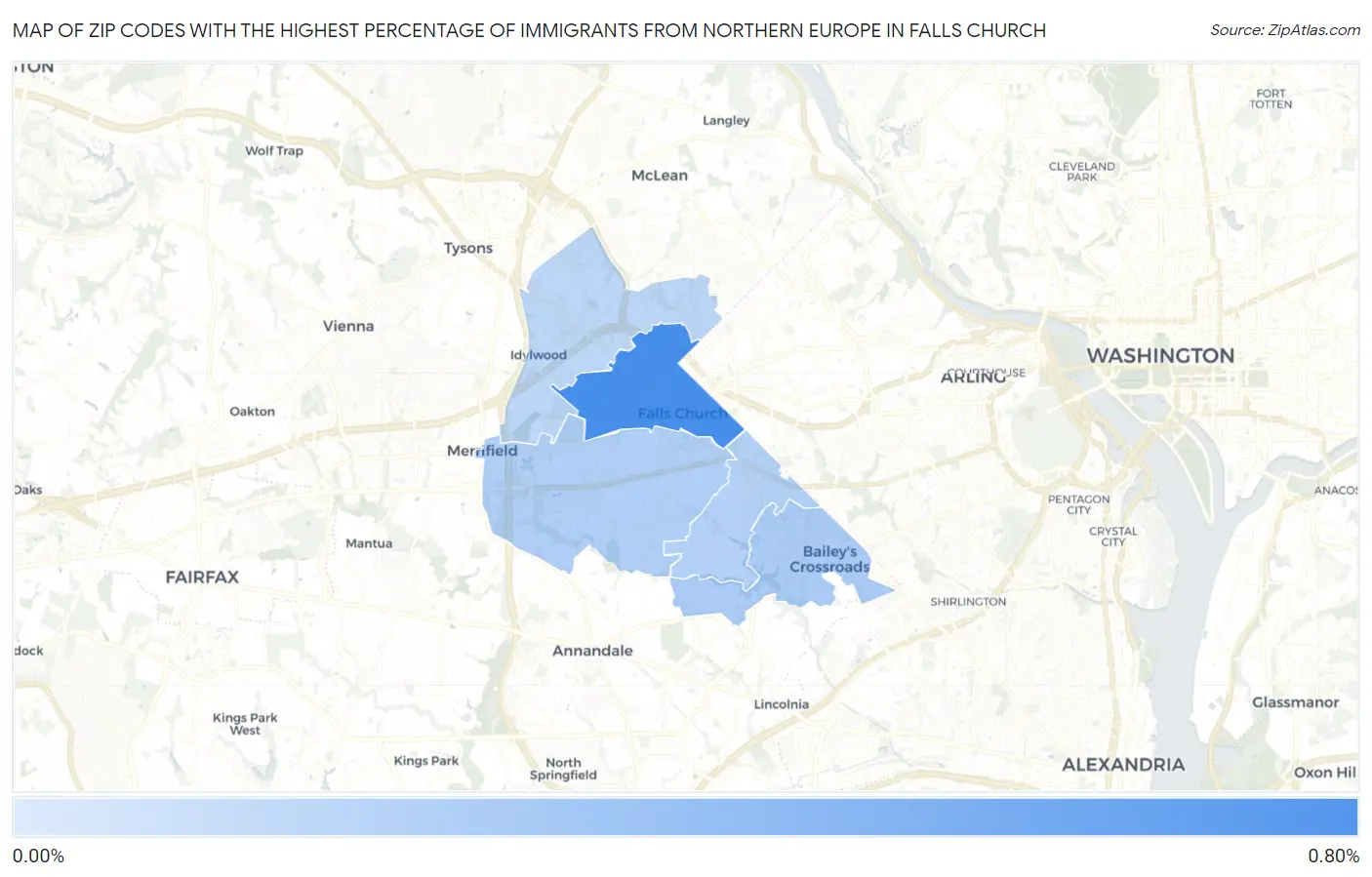 Zip Codes with the Highest Percentage of Immigrants from Northern Europe in Falls Church Map