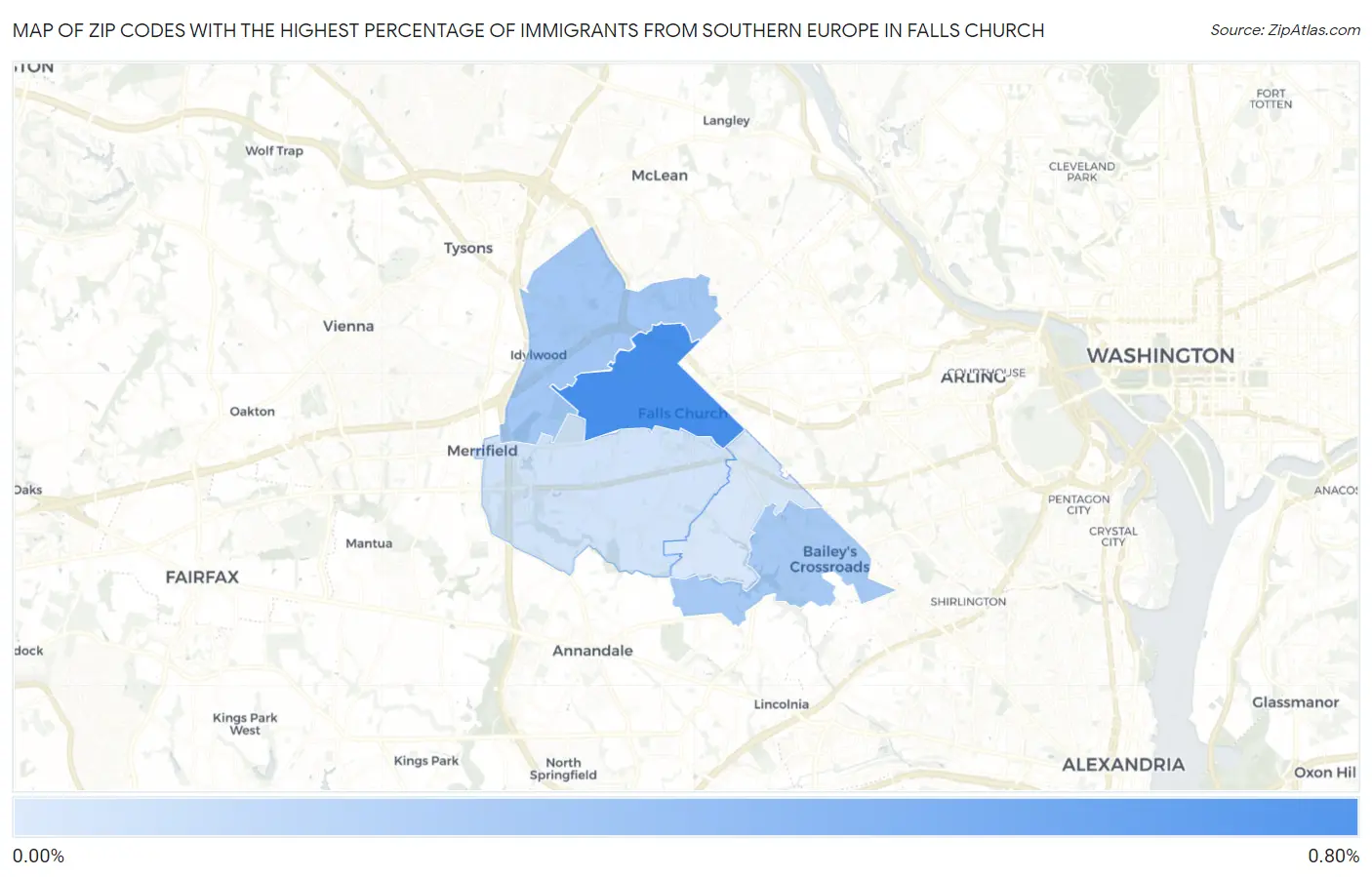 Zip Codes with the Highest Percentage of Immigrants from Southern Europe in Falls Church Map