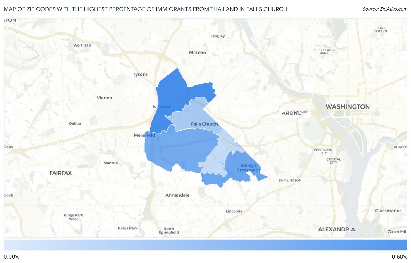 Zip Codes with the Highest Percentage of Immigrants from Thailand in Falls Church Map