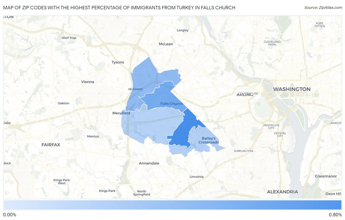 Zip Codes with the Highest Percentage of Immigrants from Turkey in Falls Church Map